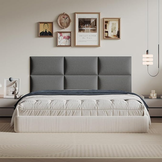 Industrial Dark Gray Linen Non-Adhesive Headboard 24x12 Inch 6-Panel Kit - Peel and Stick Design for Queen Beds, Temporary Space Solution