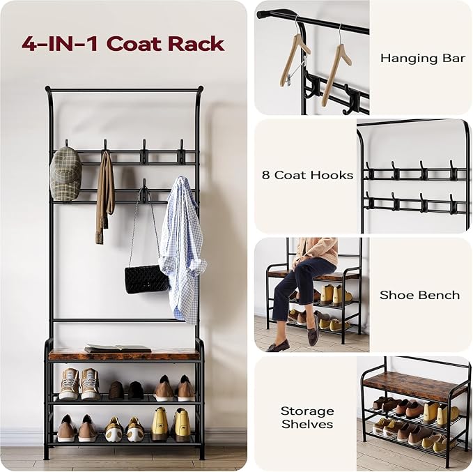 OUTLANE Hall Tree Shoe Bench for Entryway, Hall Tree with Bench and Shoe Storage, 4-in-1 Coat Rack Storage Bench with 8 Hooks, Freestanding Entryway Organizer for Hallway, Bedroom, Small Spaces, Brown