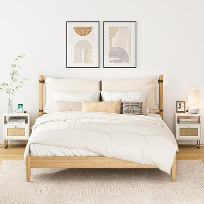 Masupu Extra Large Rattan Nightstand with Charging Station,Boho Night Stand Modern Farmhouse Wood Bedside Table with Storage Drawer and Open Shelf,Side End Table for Bedroom,Living Room,Office White