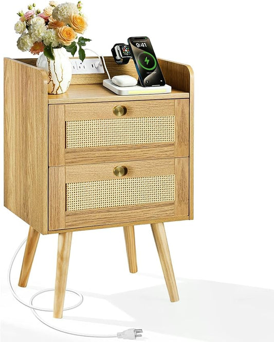 Nightstand with Charging Station, 2 Drawers, Boho Style Rattan Decor Bedside Table, Solid Wood Legs, Open Storage End Table for Bedroom, Small Spaces and Dorm, Natural