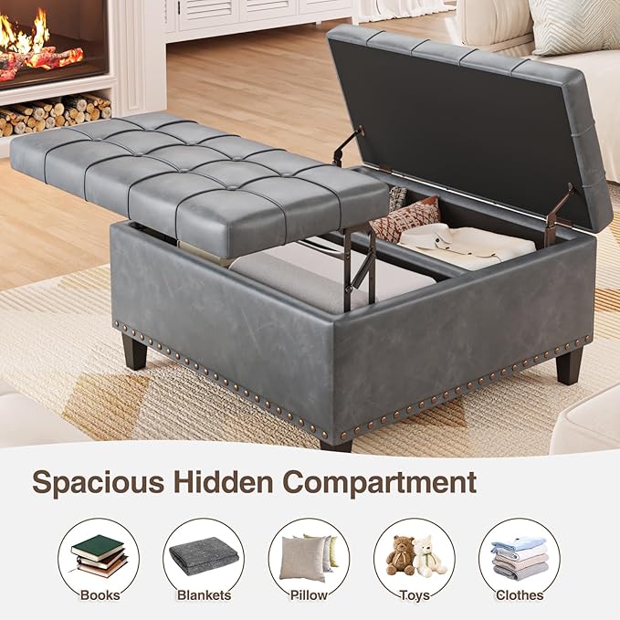 FiveWillowise Square Leather Ottoman with Storage, Faux Leather Coffee Table with Lift Top,Large Upholstered Footrest Stool Toy Box Storage Bench for Bedroom Living Room, Grey
