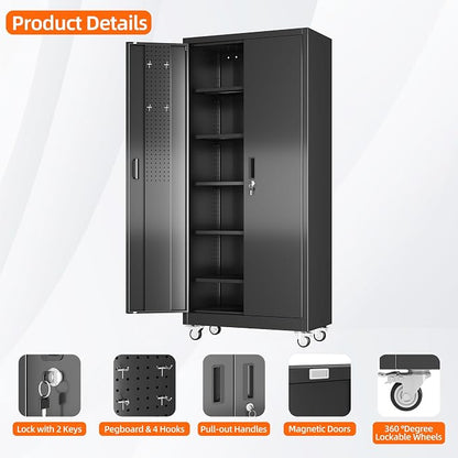 SUXXAN Metal Storage Cabinet with Wheels and Pegboard, 71" Tall Industrial Heavy Duty Steel Cabinet with 5 Adjustable Shelves & Locking Doors for Garage, Office, Pantry, Warehouse, Black