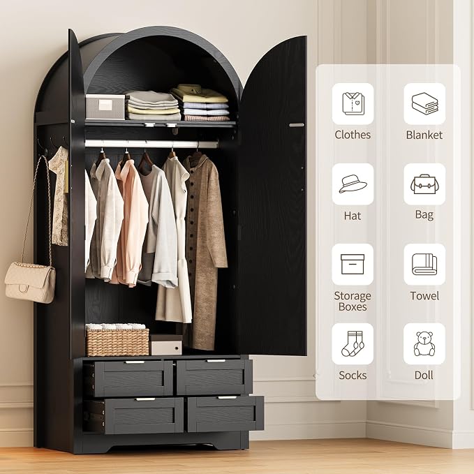 Armoire Wardrobe Closet with 4 Drawers - Wood Bedroom Armoires and Wardrobes with Rattan Doors for Hanging Clothes, Clothing Cabinet Arched Closets for Cloak Room, Large Capacity Storage Black