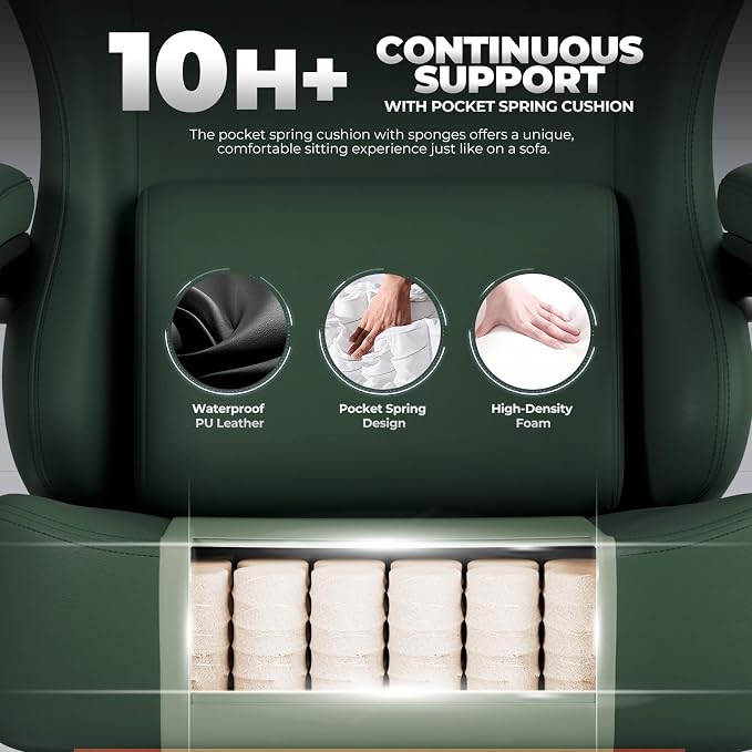 GTPLAYER Gaming Chair with Pocket Spring Cushion, Big and Tall Gamings Chairs 350LBS High Back Computer Chair with Footrest for Adults Lumbar Support Swivel Game Chair for Office, Leather Green