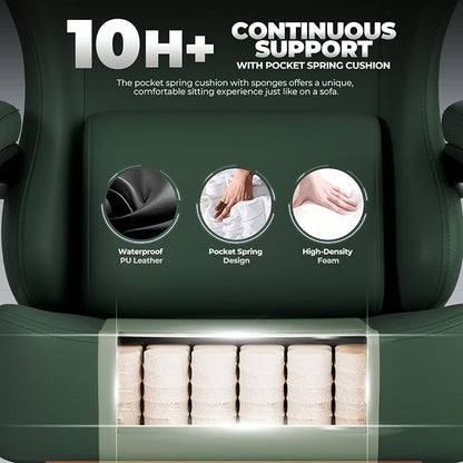 GTPLAYER Gaming Chair with Pocket Spring Cushion, Big and Tall Gamings Chairs 350LBS High Back Computer Chair with Footrest for Adults Lumbar Support Swivel Game Chair for Office, Leather Green