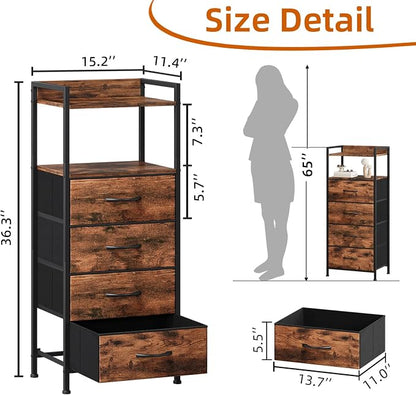 Somdot Nightstand with 4 Drawers, Vertical Storage Tower Fabric Dresser for Bedroom, Night Stand Bedside Table Furniture, Sturdy Steel Frame, Wooden Top & Easy Pull Fabric Bins, Wood Grain Print