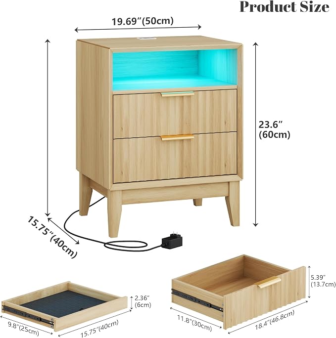 LVSOMT 20“ W Fluted LED Nightstand with Charging Station, RFID Lock, Wood | Bedside Table with Hidden Drawer, 2 Drawers, Open Cubby, Motion Sensor, USB and Type-C Ports, Night Stand for Bedroom