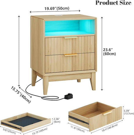 LVSOMT 20'W Fluted Nightstand Set of 2, Night Stand with Charging Station and LED Lights, RFID Lock Hidden Drawer, Mid Century Morden Bedside Table for Bedroom, Open Storage Cubby, Natural Oak