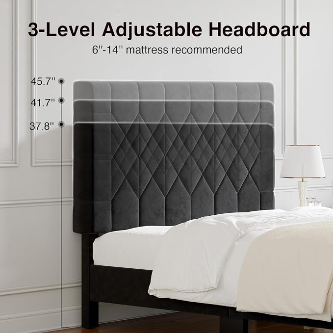 Novilla Full Size Bed Frame, Full Bed Frame with Headboard, Velvet Upholstered Pull-Point Headboard, No Box Spring Needed, Metal Support Heavy Duty Feet, Easy Assembly, Black Velvet