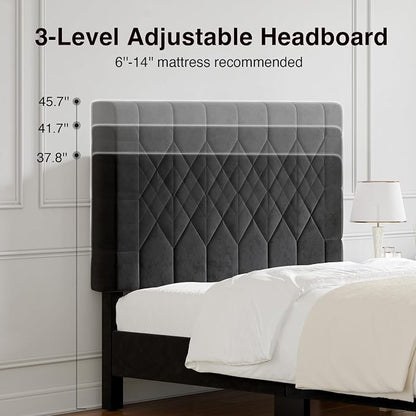 Novilla Full Size Bed Frame, Full Bed Frame with Headboard, Velvet Upholstered Pull-Point Headboard, No Box Spring Needed, Metal Support Heavy Duty Feet, Easy Assembly, Black Velvet
