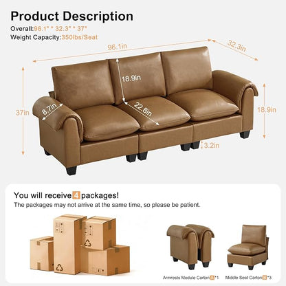 96" Faux Leather Modular Sectional Upholstered Sofa, Oversized 3 Seater Couch with Curved Armrests, Cloud Modern Upholstered Deep Seat Sofa for Living Room, Light Brown