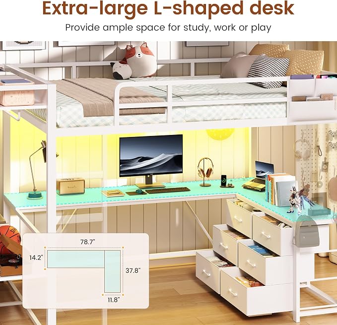 Itaar Twin Loft Bed with L-Shaped Desk & 8 Storage Drawers, Metal Kids Twin Loft Bed with Led Lights, Charging Station, Hall Tree, Safety Guard & Ladder, No Box Spring Needed, White