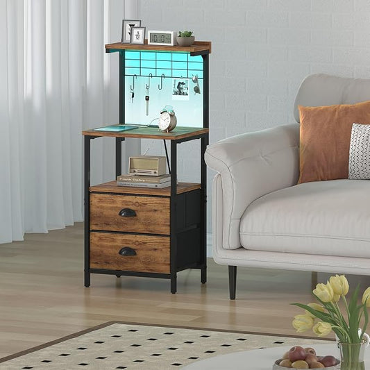 sthmec Tall Nightstands with Charging Station, LED Night Stand Bedsides with 2 Drawers Fabric, Hooks,USB Port and Open Storage Shelves,Tall End Table Bedside for Bedroom,Office, Rustic Brown