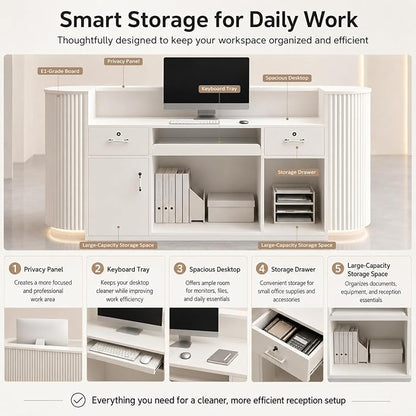Modern Reception Desk, Reception Desk with Counter for Office and Salon | Power Outlet Lockable Cabinet Keyboard Tray Privacy Panel Cable Grommet Open Storage Storage Cabinet