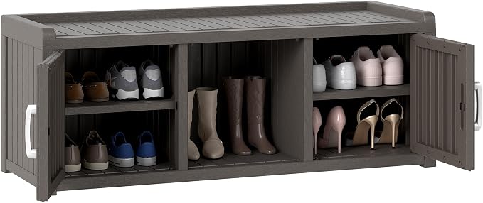 NUNU LAB Resin Shoe Cabinet,Waterproof Shoe Storage Cabinet with Adjustable Shelves,Entryway Storage Bench with Seat,Shoe Bench with Doors for Foyer,Hallway,Living Room (Grey, 2-Door Big)