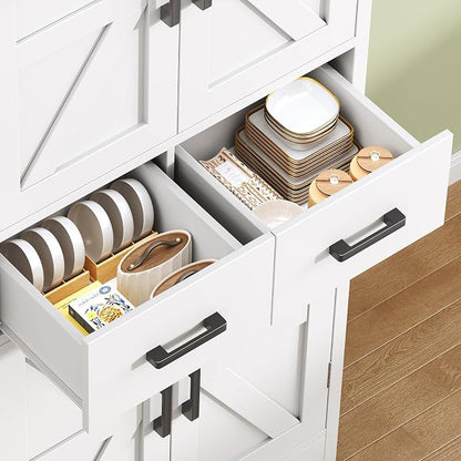 TEENFON Pantry Cabinet with 2 Drawers, Kitchen Storage Cabinet with 4 Door Shelves, Kitchen Pantry for Living Room, Dining Room, Bathroom, White
