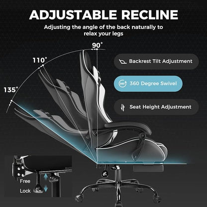 GTPLAYER Gaming Chair, Computer Chair with Footrest and Lumbar Support, Height Adjustable Game Chair with 360°-Swivel Seat and Headrest and for Office or Gaming (White)
