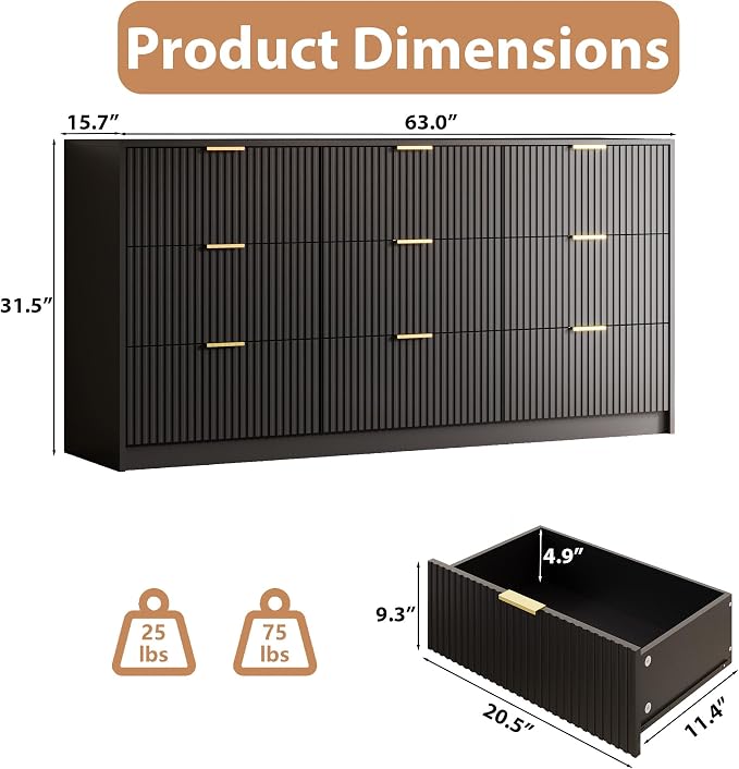 MAISONARIA 3-Piece Dresser Bedroom Set, 9 Drawer Dresser & 3 Drawer Nightstands with Gold Handles, Fluted Wood Chest of Drawers for Bedroom, Living Room, Entryway, Black