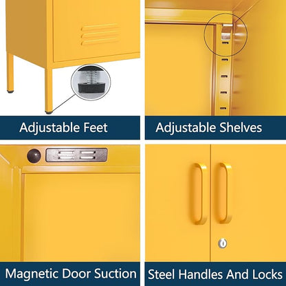Multipurpose Accent Cabinet Locker, Metal Storage Cabinet with 2 Adjustable Shelves, Heavy Duty & Lockable Organizer Made of Thickened Steel, Easy Assembly for Home, Entryway, Yellow