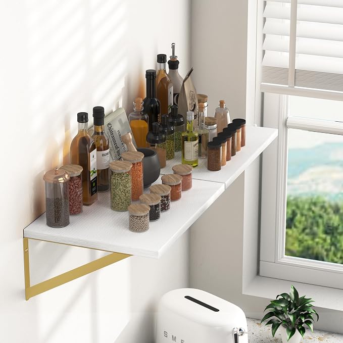 Heimlove Deep Floating Shelves for Wall, 16W x 12D Wood Wall Shelves Set of 2, Wide Floating Bookshelf for Living Room, Kitchen, Office, Bedroom and Decor Storage, with Golden Bracket - White & Gold