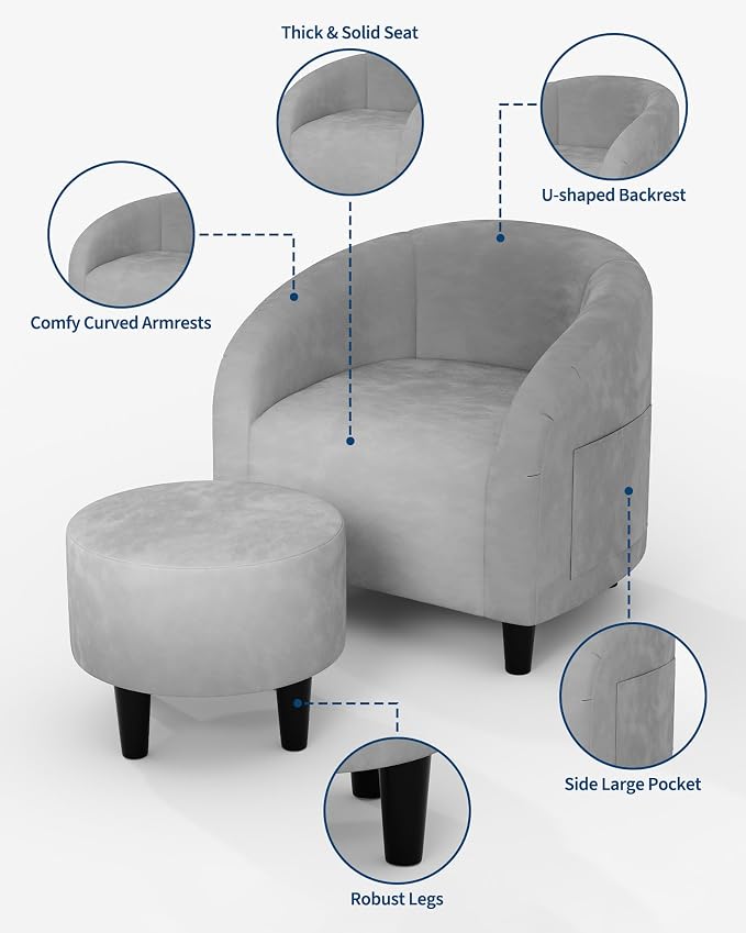 GarveeHome Chair and Ottoman Set, Modern Velvet Barrel Armchair for Living Room, Comfortable Side Chair with Footrest for Apartment Small Space, Grey