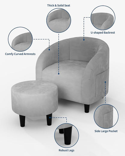 GarveeHome Chair and Ottoman Set, Modern Velvet Barrel Armchair for Living Room, Comfortable Side Chair with Footrest for Apartment Small Space, Grey