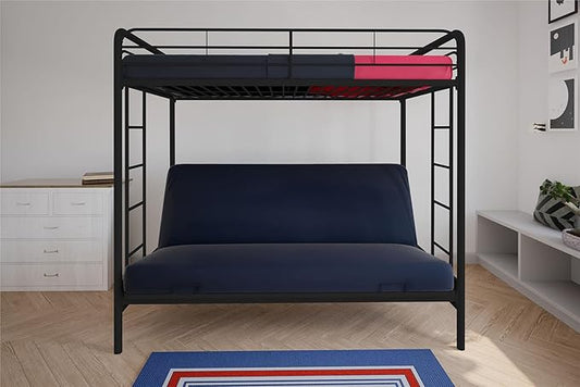 DHP Twin-Over-Futon Convertible Couch and Bed with Metal Frame, Ladder and Guardrails - Black