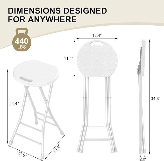 24 Inch Folding Stool Set of 2, Portable Folding Stool with Handle & Non-Slip Feet, Sturdy 440lbs Capacity Folding Bar Stool for Kitchen,Outdoor Camping, Fishing, White