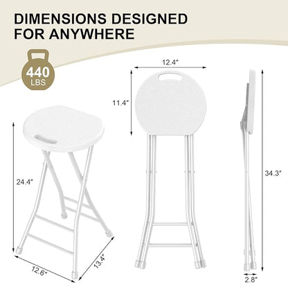 24 Inch Folding Stool Set of 4, Portable Metal Foldable Stool with Handle & Non-Slip Feet, Sturdy 440lbs Capacity High Stool for Kitchen, Camping, Fishing, White