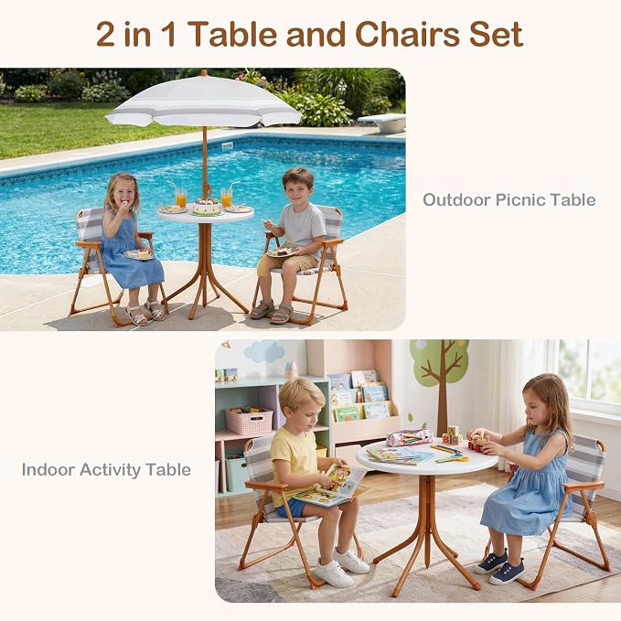 Olakids Kids Picnic Table, Outdoor Toddler Patio Furniture Set with 2 Folding Chairs Adjustable Foldable Umbrella for Garden Backyard Beach (Khaki)