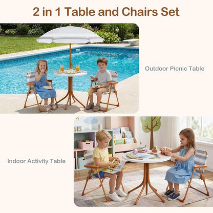 Olakids Kids Picnic Table, Outdoor Toddler Patio Furniture Set with 2 Folding Chairs Adjustable Foldable Umbrella for Garden Backyard Beach (Khaki)