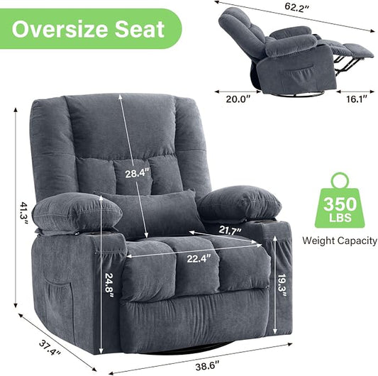 BOSMILLER 360° Swivel Rocker Recliner Chair for Adults,Oversized Recliner Chair with Massage and Heating, Manual Nursery Glider Recliner with Cup Holder and Side Pocket for Living Room, Bedroom