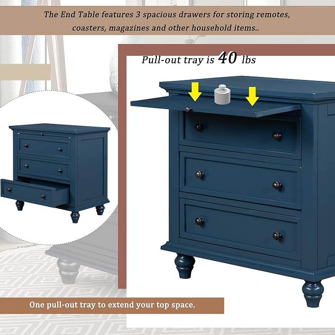 Merax Wood Nightstand with 3 Storage Drawers, Bedside End Table with Pull Out Tray, Blue (No Guide Rails)