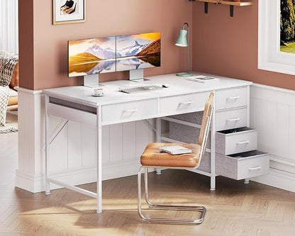 Casaottima 48 Inch Computer Desk with 6 Drawers, Reversible Storage Desk for Home Office, Work Study Table for Bedroom, White