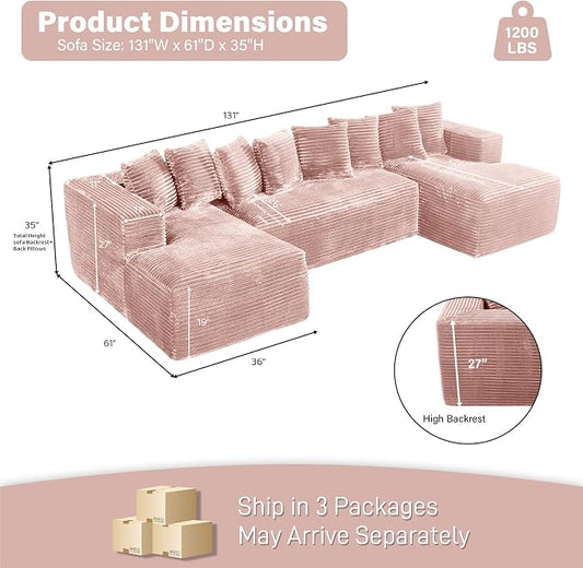 131" Oversized U Shaped Cloud Sectional Couches for Living Room, Comfy Fluffy Corduroy Pink Boneless Sectionals Couch, Plush Memory Foam Modular Sectional Sofa with Chaise- 19" Seat Height