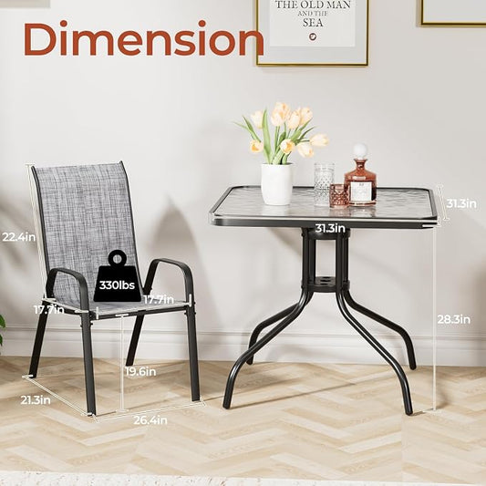 TLSUNNY Patio Dining Set 5 Pieces, All Weather Outdoor Furniture W/30"X 30" Table and 4 Stackable Textilene Chairs, Metal Table and Chairs for Lawn, Garden, Poolside, Backyard (Umbrella not Included)