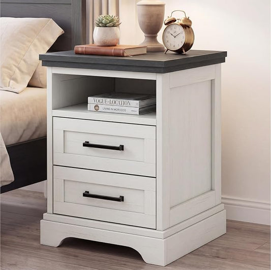 DUMOS Farmhouse Nightstand with Charging Station & USB Ports, Wood Bedside Table with 2 Spacious Storage Drawers and Open Shelf, Minimalist Modern End Table for Bedroom, White