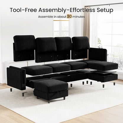 KKL 6 Seater 108‘’ Sofa Bed with Storage Ottoman - Convertible L/U-Shaped Sleeper Couch for Living Room, Modular Sectional Sofa Couch, Modern Reversible Design (Black,6 Seater U Shape)
