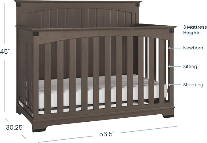 Child Craft Redmond 4-in-1 Convertible Baby Crib, Wood Nursery Furniture Converts to Toddler Bed, Daybed & Full Bed, Adjustable Mattress Heights, Rustic Style, Non-Toxic Baby Safe Finish, Dapper Gray