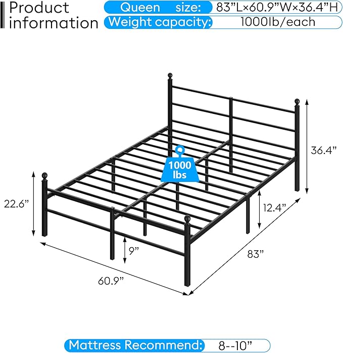 Queen Size Bed Frame with Headboard - Metal Platform Bed with LED Lights, Charging Station, Under Bed Storage and Heavy Duty Steel Slats Support - No Box Spring Needed, Easy Assembly, Black