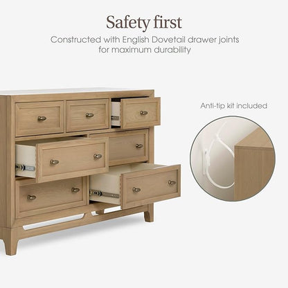 Evolur Bradford 7-Drawer Double Dresser – Nursery & Kids Bedroom Storage Organizer, Pine Wood Baby Changing Dresser, Smooth Glide Drawers - Alpine Oak