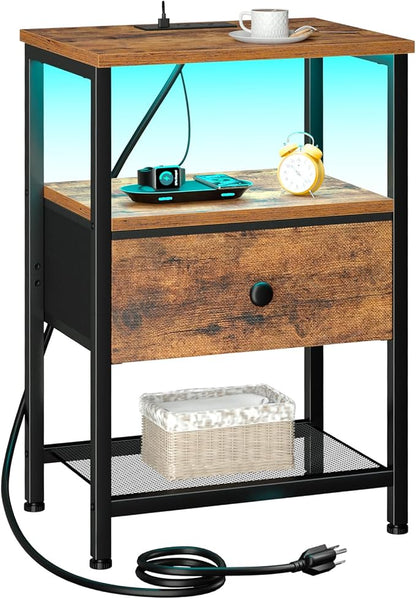 LOAKEKEL Nightstand with Charging Station, End Table with Fabric Drawer, LED Night Stand for Bedroom, Small Bed Side Table with USB Ports and Outlets, Brown, HETS01BR-1