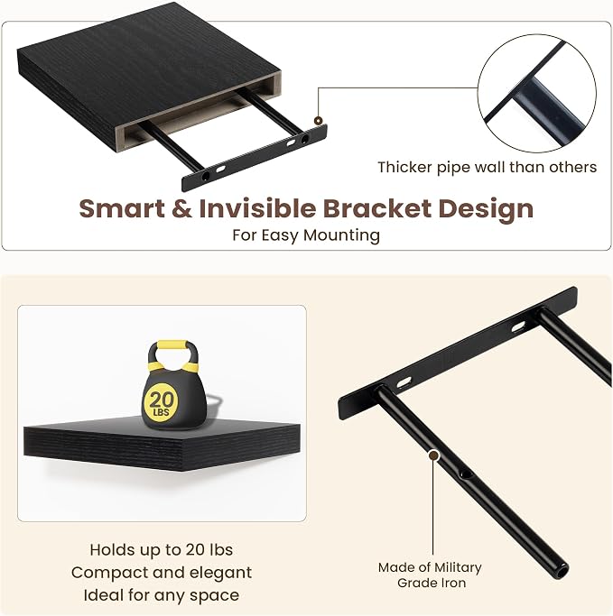 Fun Memories Floating Shelves for Wall - 7.5 Inch Square Shelves with Invisible Brackets, Black Small Wall Shelf for Living Room, Bathroom, Bedroom, and Kitchen Decor Black Set of 3