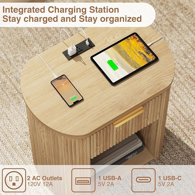 Fluted Nightstands Set of 2 with Charging Station, 23.6" Large Bedside Side Table, Wood End Table with Drawer Storage, Curved Round Corner, Furniture Bedroom Sofa, Mid Century Modern, Farmhouse, Oak