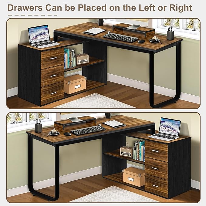 MaverickFurni 55" L Shaped Desk with Drawers and Shelves, Home Office Desk with Monitor Stand for Work Writing Study, Reversible Corner Desk with Storage, Black