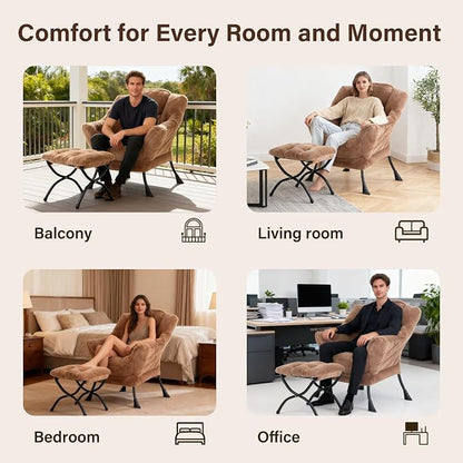 Lazy Chair with Ottoman, Modern Accent Chair Lounge Leisure Sofa Chair with Armrests, Reading Chair and Folding Footstool for Living Room, Bedroom, Office, Plush Brown
