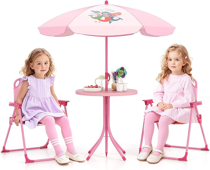 HONEY JOY Kids Picnic Table, Animal Themed Toddler Outdoor Table and Chair Set, 2 Folding Chairs & Removable Umbrella, Children Outdoor Furniture for Backyard Patio Garden (Pink Mermaid)