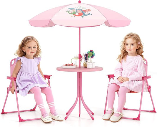 HONEY JOY Kids Picnic Table, Animal Themed Toddler Outdoor Table and Chair Set, 2 Folding Chairs & Removable Umbrella, Children Outdoor Furniture for Backyard Patio Garden (Pink Mermaid)