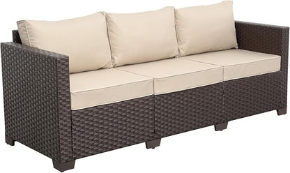 Valita Patio Furniture 3-seat Sofa Brown Wicker Outdoor Furniture Outdoor Couch Deep Seat High Backrest Waterproof Cover Anti-Slip Washable Cushions, Khaki