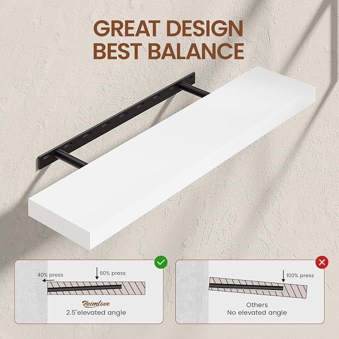 Heimlove Wooden Floating Shelves for Wall, White Pine Shelves Set of 2, 36 in Rustic Wood 8 Inch Deep Floating Shelf with Invisible Brackets for Bedroom Kitchen Living Room - Classic White